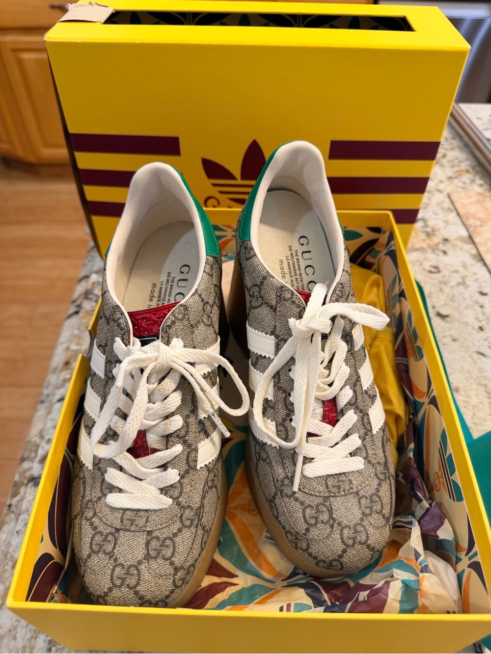 Gucci GG Supreme Canvas Sneakers in Beige with White Stripes and Red Tongue
